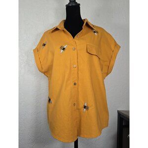 Romwe Embroidered Bee Blouse Top Shirt Mustard Yellow Size M Linen Blend